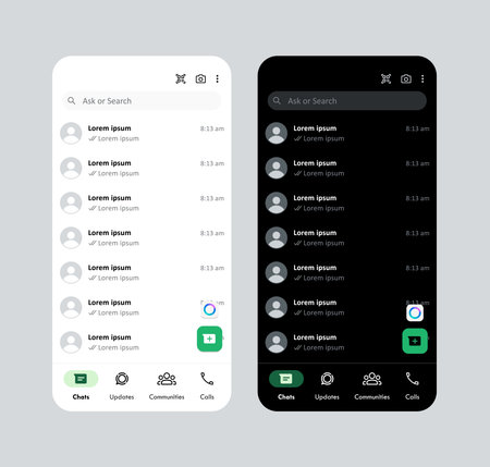 Chatting social media application light and dark theme, messaging app user interface mockup template. Vector illustrationのイラスト素材