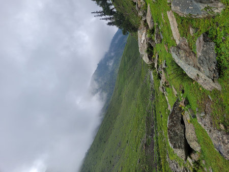 Mountain landscape with green grass and rocks on a cloudy day.の写真素材