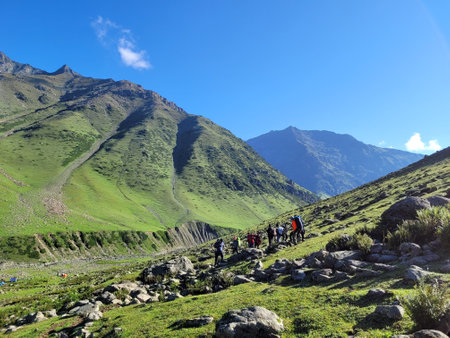 Hikers on the trail in the mountains of the Caucasus. Russiaの写真素材