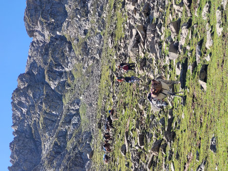 Group of people climbing on a mountain.の写真素材