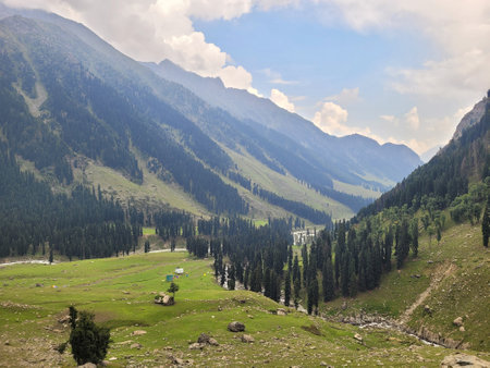Landscape of mountains and meadows in the summer, Kyrgyzstanの写真素材