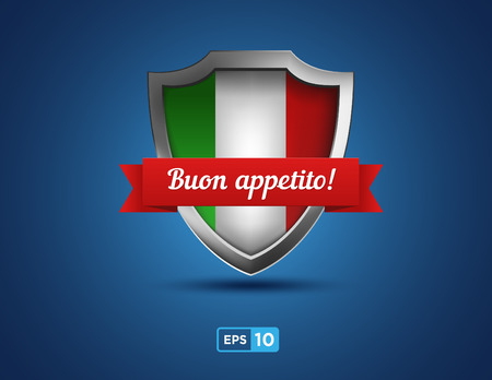 Italy shield with red ribbon buon appetito on the blue backgroundのイラスト素材