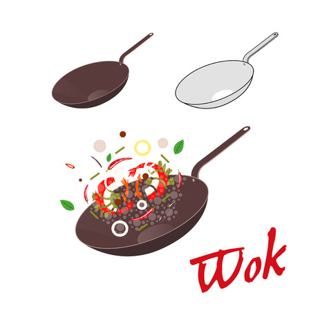 Wok illustration. Asian frying pan. Concept illustration for restaurantのイラスト素材