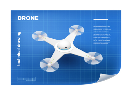 Technical Illustration with vector isometric white quadcopter drone drawing on the blueprint.のイラスト素材