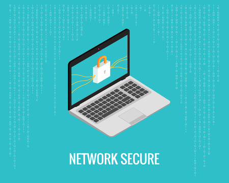 network secure illustration with laptop and lock icon on the digital blue background. Isometric view.のイラスト素材