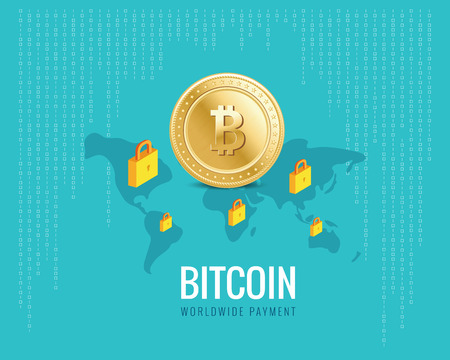 bitcoin worldwide payment illustration with world map and lock icons on the digital blue backgroundのイラスト素材