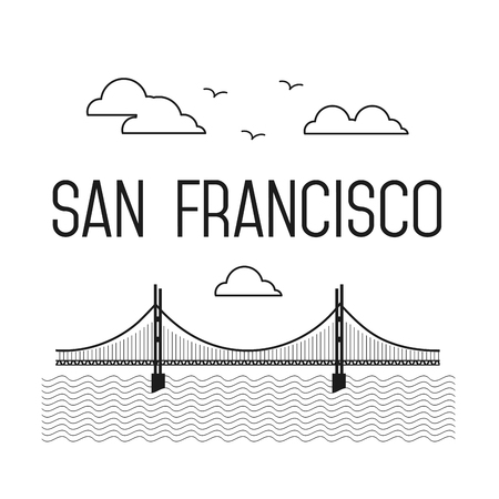 Monochrome San Francisco Golden Gate Bridge. San Francisco vector landmark illustration. Line flat style. San Francisco viewのイラスト素材