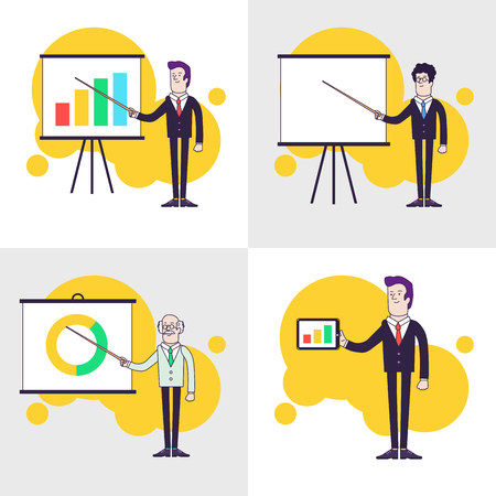 Modern businessmen set. Flipchart with colored bar chart, pie chart. Old professor is showing presentation. Businessman is holding tablet. Line flat style illustrationのイラスト素材