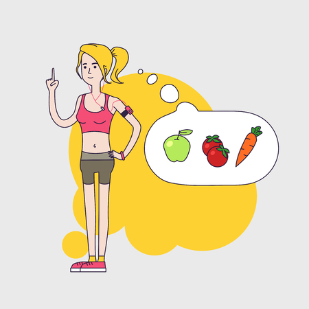 athletic slim woman is thinking about healthy vegetable diet and calories. Woman Fintess characters wearing short leggings and short top. Linear flat designのイラスト素材