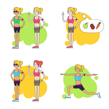 Vector illustration set of the beautiful women make fitness training. Slim sport women listen music and make stretching. Food diet. Linear flat design.のイラスト素材