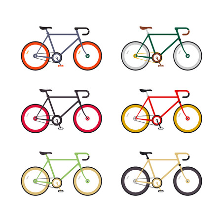 Hipster single speed bikes set. City bicycles with fixed gear. Different color schemes. Linear flat design icons.のイラスト素材