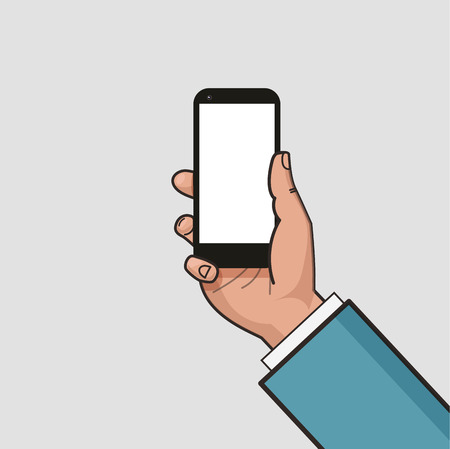 Mobile phone in businessman hand. Hand using smartphone. Mockup of modern mobile phone with touchscreen. Vector flat designのイラスト素材