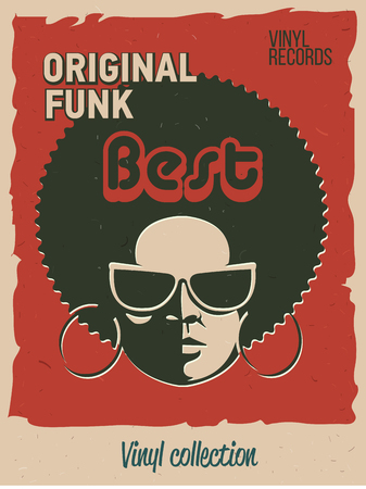 Disco party event flyer. Creative vintage poster. Vector retro style template. Black woman in sunglasses.のイラスト素材