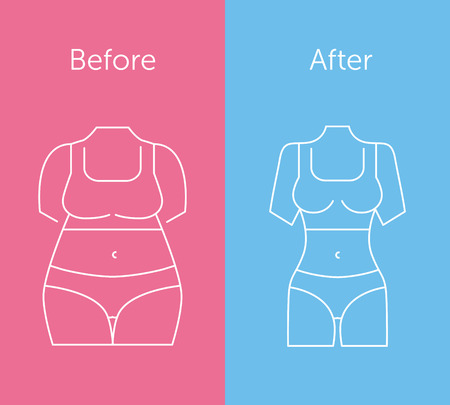 Illustration of a fat and slim woman figure. Before and after diet. Thin line icons. Flat style designのイラスト素材