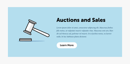 Auction hammer illustration. Announcement about new bids. Web banner. Flat style designのイラスト素材
