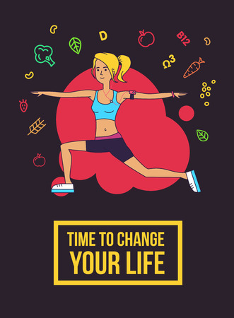 Fitness typographic poster. Time to change your life. Slim girl doing exercises. Motivational and inspirational illustration. Flat line designのイラスト素材