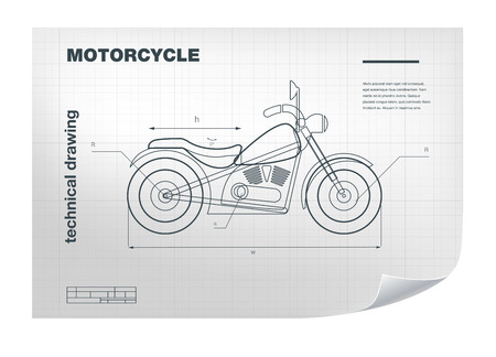 Technical wireframe Illustration with motorbike drawing on the white blueprint.のイラスト素材