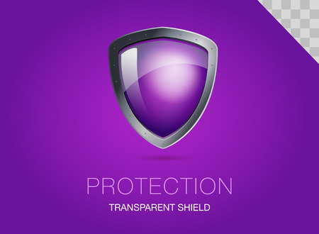 Realistic metal shield with transparent armored glass. Vector illustration of a protection or security. Purple backgroundのイラスト素材