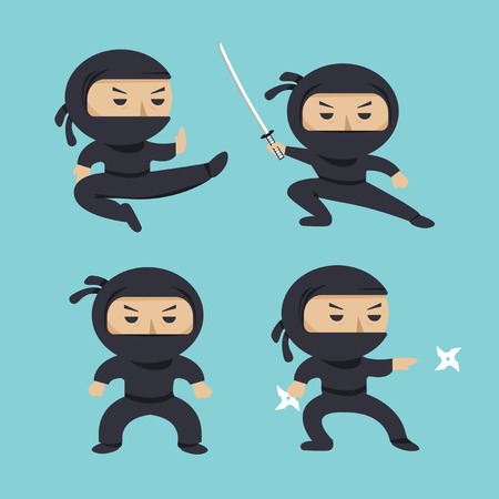 Set of ninja characters showing different actions. Serious ninja with sword running, attacking, throwing star, jumping, kicking, hitting. Flat style illustrationの写真素材