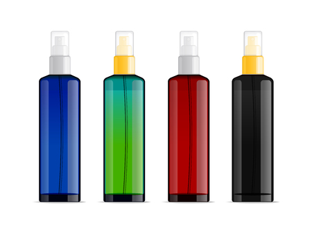 Realistic transparent cosmetic bottle sprayer container. Colored dispenser with cap for cream, perfume, and other cosmetics. Mockup template for design. Vector illustration set.のイラスト素材