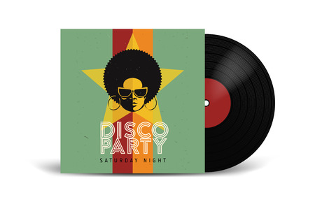 Realistic Vinyl Record with Cover Mockup. Disco party. Retro design. Front viewのイラスト素材