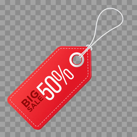 Realistic discount red tag isolated on checkered background. Big sale, 50 percent off. Vector vintage labelのイラスト素材