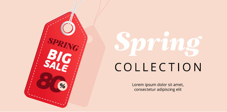 Spring big sale banner with red tag. 80% off discount. Vector templateのイラスト素材