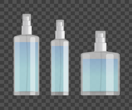 cosmetic spray bottles set isolated on checkered background. Small, big and wide bottles. Realistic vector design.のイラスト素材