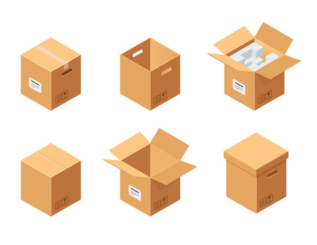 Carton packaging boxes set. Isometric view. Closed and open packagesのイラスト素材