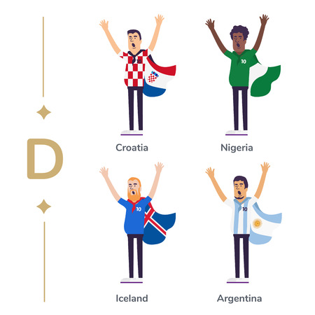 World competition. Soccer fans support national teams. Football fan with flag. Croatia, Nigeria, Iceland, Argentina. Sport celebration. Modern flat illustrationのイラスト素材