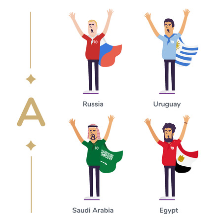 World competition. Soccer fans support national teams. Football fan with flag. Russia, Uruguay, Saudi Arabia, Egypt. Sport celebration. Modern flat illustrationのイラスト素材