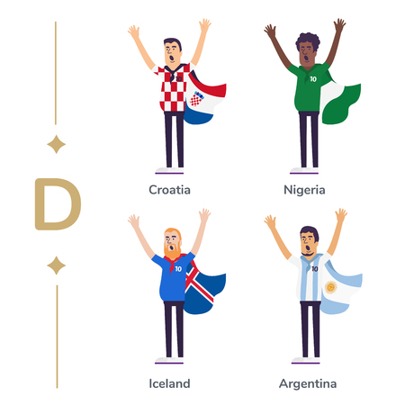 World competition. Soccer fans support national teams. Football fan with flag. Croatia, Nigeria, Iceland, Argentina. Sport celebration. Modern flat illustration.の写真素材