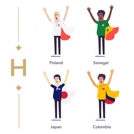 World competition. Soccer fans support national teams. Football fan with flag. Poland, Senegal, Japan, Columbia. Sport celebration. Modern flat illustration.の写真素材