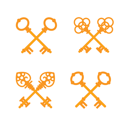 Set of crossed old vintage golden keys. flat illustrationの写真素材