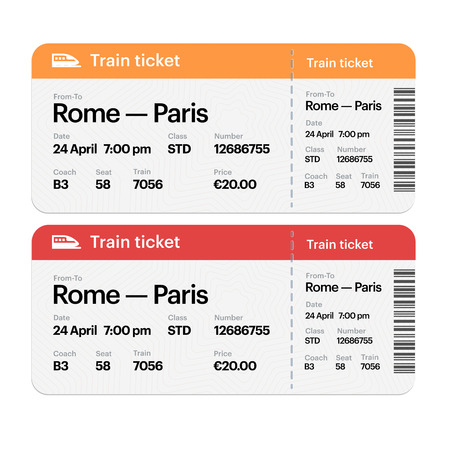 Set of the train boarding pass tickets. Isolated on white background. flat design.の写真素材