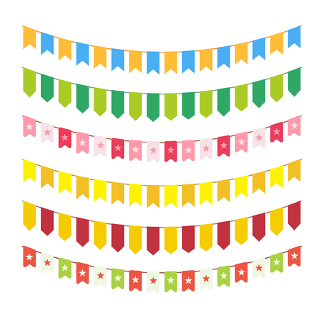 flag garlands for invitation card design, carnival bright cordage and child adornments isolated on white background. Different colorful buntingの写真素材