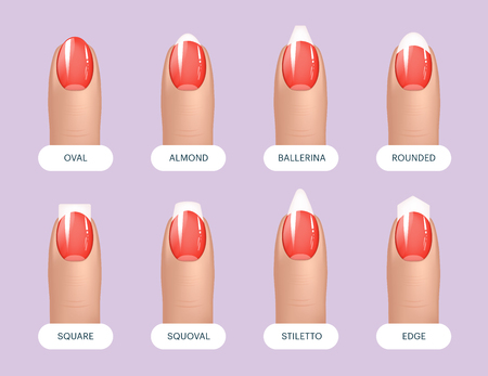 Set of simple realistic red manicured nails with different shapes. Vector illustration for your graphic designのイラスト素材
