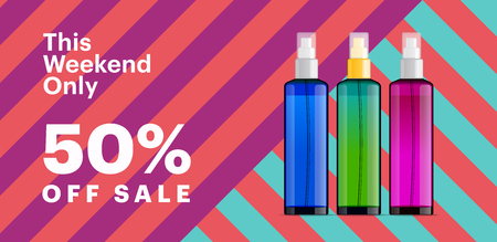 Trendy cosmetic products banner with essence bottles. Modern geometric background with stripes. Big sale poster templateのイラスト素材