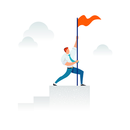 Strong businessman holding a red flag on top of the column graph. Business concept of leadership, success, victory, goal, achievement. Modern trendy illustration.の写真素材