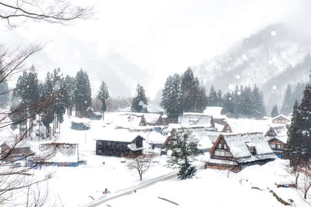Scenic view of Japanese Farmer House Village " Gassho Zukuri Style " in Winter at Ainokura Village, Toyama, Japanのeditorial素材