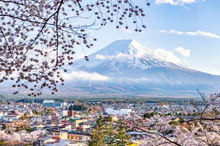 Japan - April 14. 2019 : Cityscape of Fujiyoshida City with Fuji Mountain Background and Cherry Blossom in Springtime, Fujiyoshida, Kawaguchiko, Yamanashiのeditorial素材