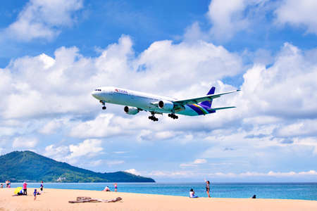 Thailand - April 2, 2019 : Boeing 777 Aircraft of Thai Airways landing at Phuket International Airport, Phuketのeditorial素材