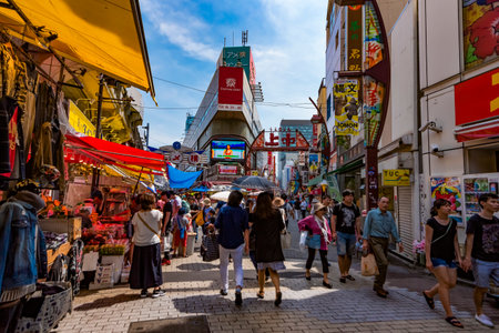 Japan - July 18, 2019 : Tourists an Japanese people enjoy sightseeing and shopping at Ameyoko Market, Famous Shopping Destination of Tokyo, Ueno, Tokyoのeditorial素材
