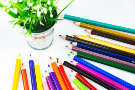 Coloured Penicls on White Paper Backgroundの写真素材