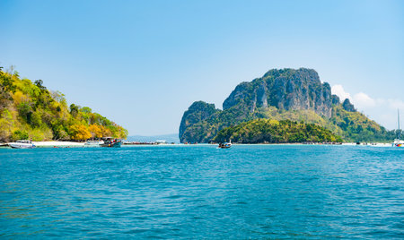 Scenic Seascape of Koh Tup Island and Koh Mo Island with Turquoise Andaman Sea in Summer, Krabi, Thailandの写真素材