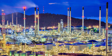 Thailand - January 31, 2019 : Thai Oil Refinery Factory illuminated in the evening, located at Laem Chabang Port, Eastern Economic Corridor of Thailandのeditorial素材