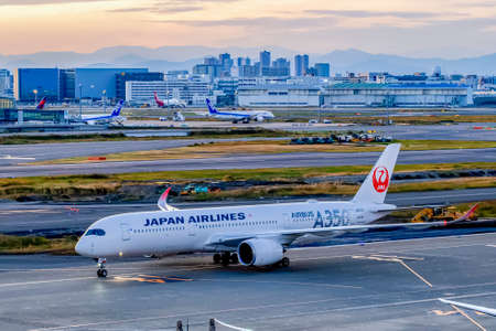 Japan - November 19, 2019 : Japan Airlines A350 Aircraft taxiing on the runway at Tokyo Haneda...