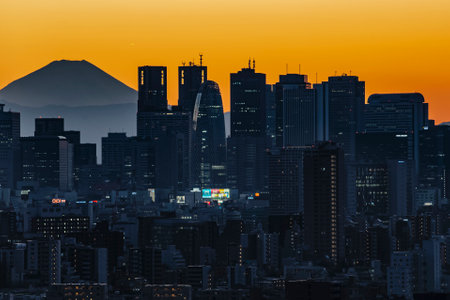 Japan - November 18. 2019 : Shinjuku Skyscrapers and Government Building landmark of Shinjuku with Fuji in Autumn Sunset from Bunkyo Civic Building Observatory Deck, Tokyoのeditorial素材