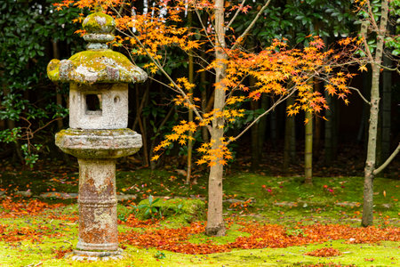 Japan - November 22, 2019 : Japanese Stone Lantern located in Zen Style Garden of Koto-in Temple in autumn, Kyotoのeditorial素材
