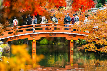 Japan - November 25, 2019 : Tourists enjoy sightseeing and taking photo on the bridge across small pond at Bentendo Hall, Daigoji Temple in autumn, Kyotoのeditorial素材